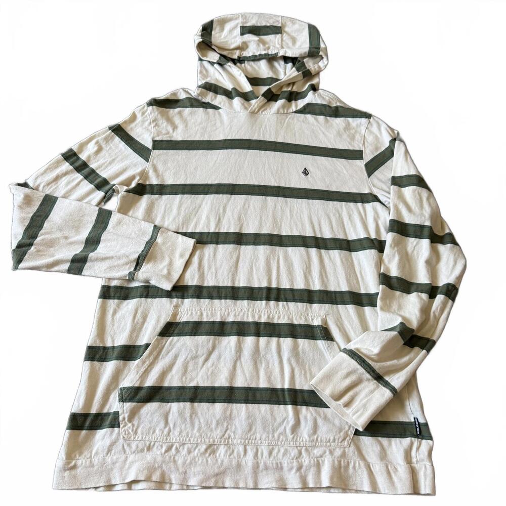 Volcom Striped Hoodie Cream Green Pullover Skate Surf L